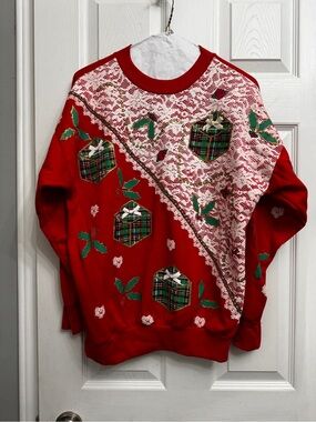 VINTAGE Christmas Sweater.  Red Holiday Gift-Print Sweater -